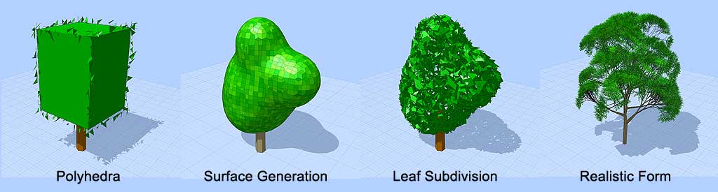 Types of low-poly procedural tree you can generate.